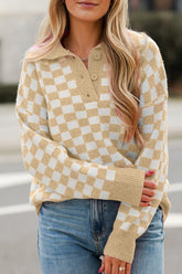 Women Knitted Checkered Buttons V Neck Drop Shoulder Sweater Zarnesh